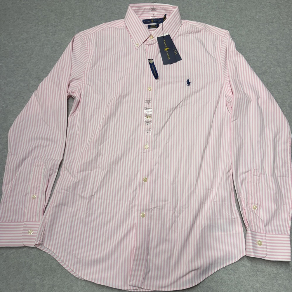 Ralph Lauren Dress Shirt Mens Medium Pink Stripe Slim Fit Performance Stretch